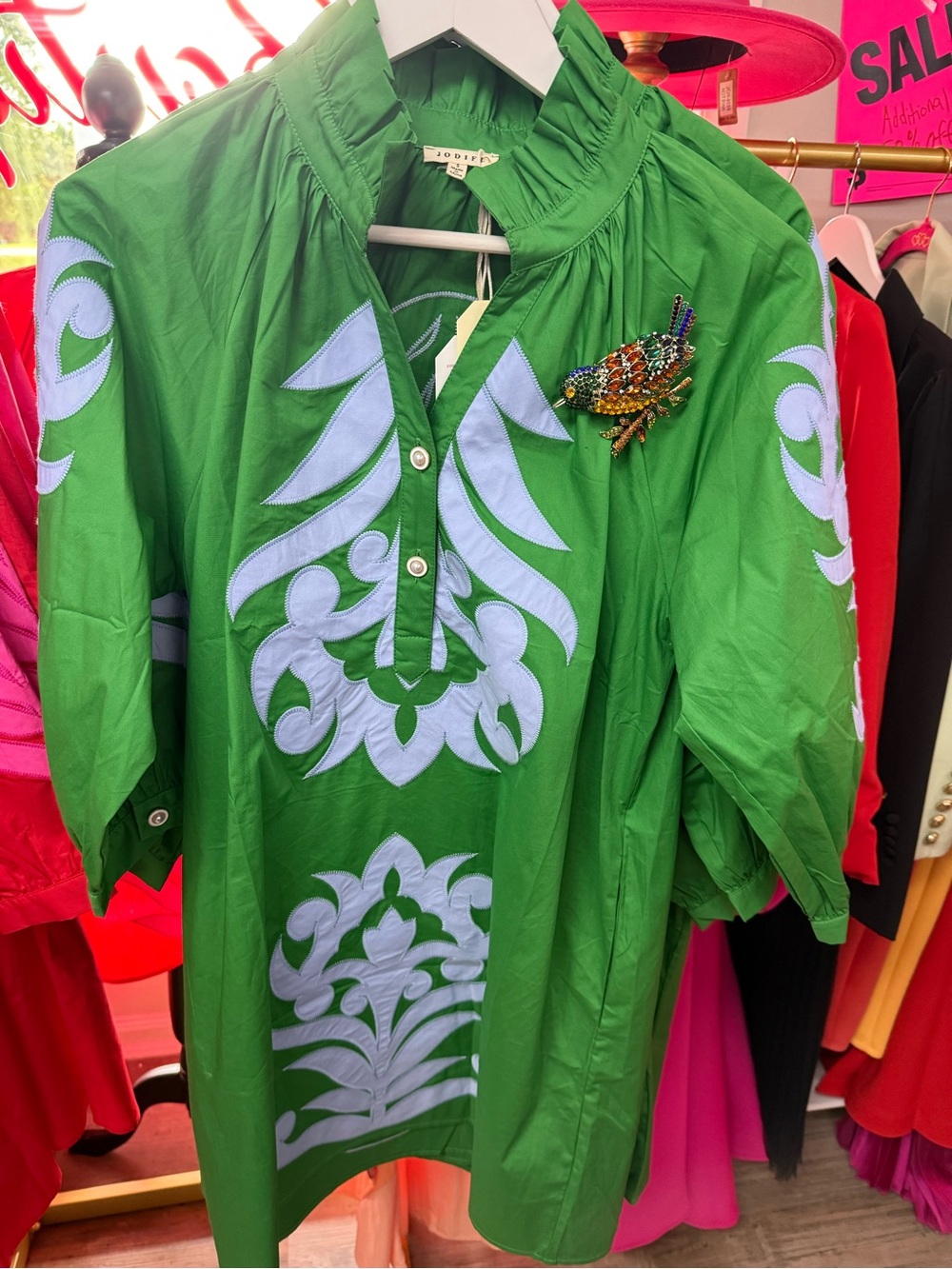 New Green Casual Dress with Light Blue Embroidery